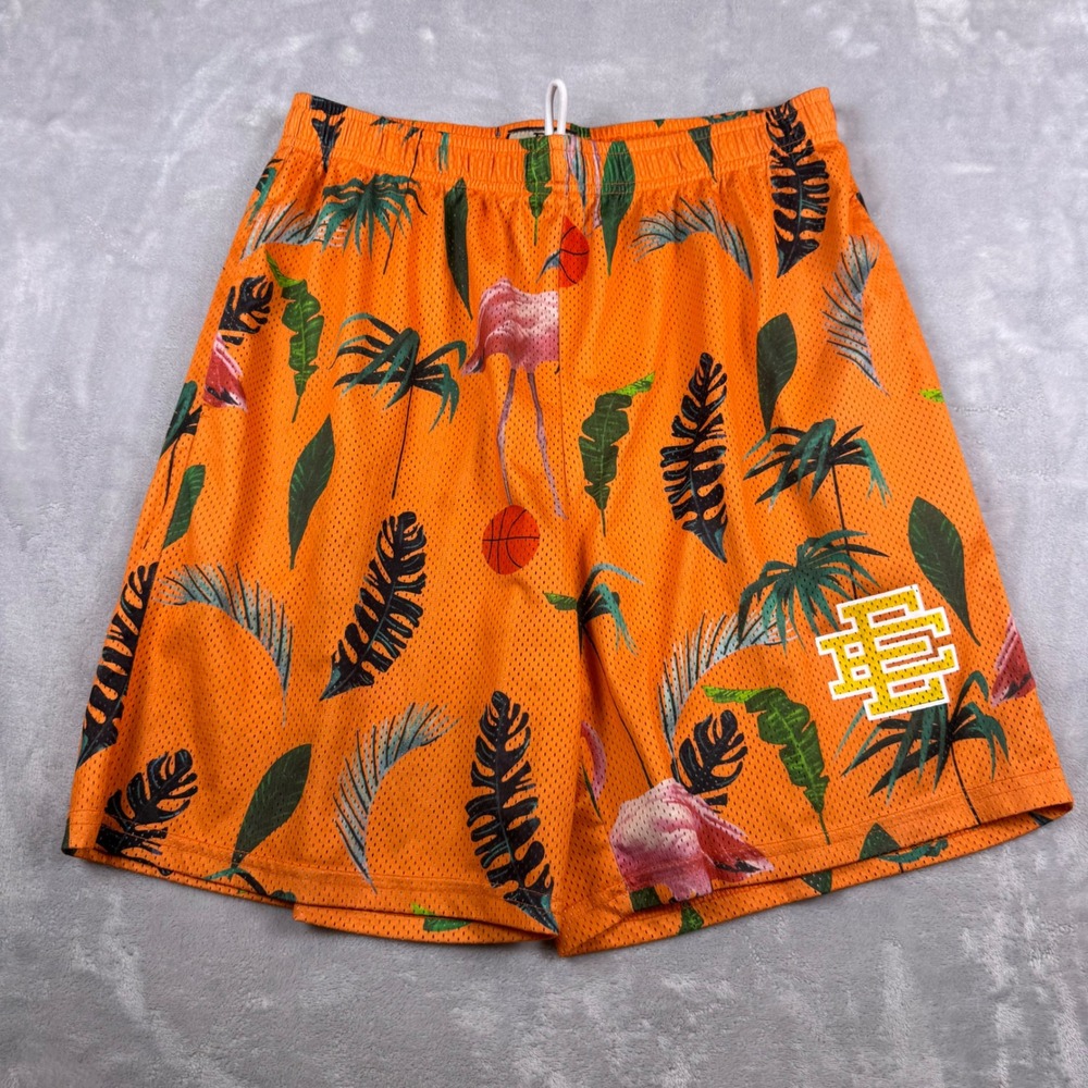 Eric Emanuel EE Basic Shorts Orange Flamingo Tropical Mesh Mens XL Made in NY